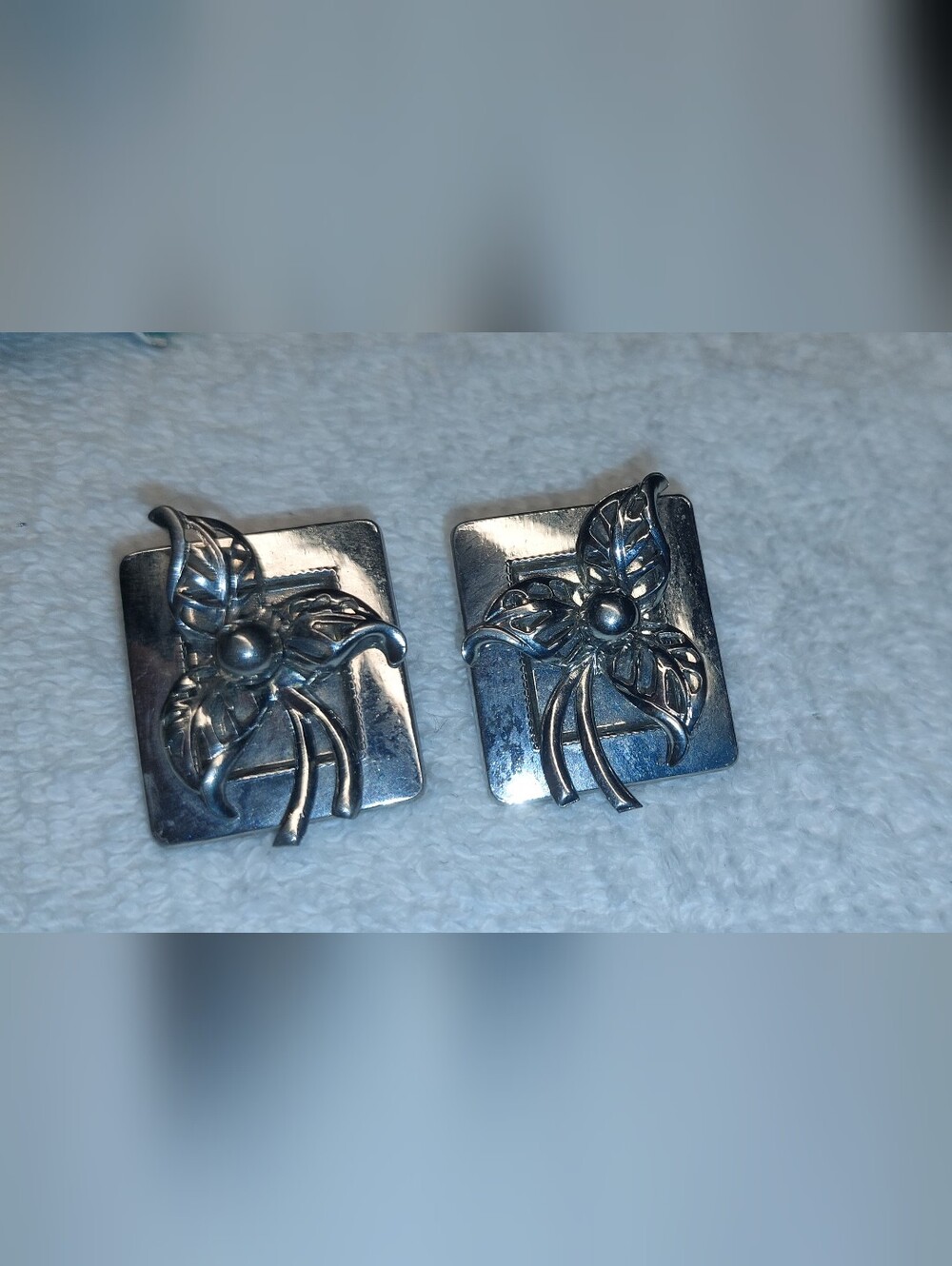 Silvertone Floral Square Clip Earrings